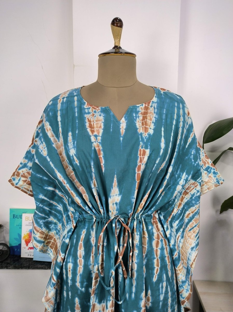 block-printed Cotton Kaftan Dress in blue tie-dye