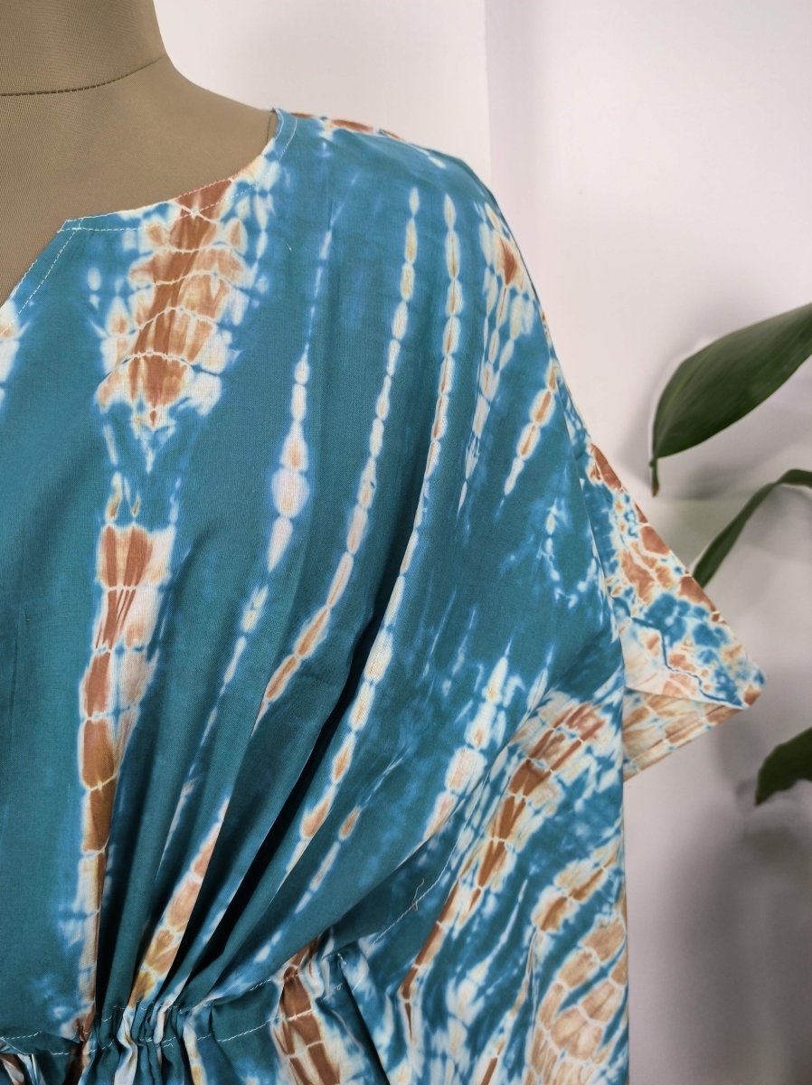 block-printed Cotton Kaftan Dress in blue tie-dye
