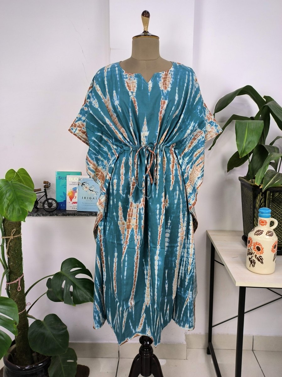 block-printed Cotton Kaftan Dress in blue tie-dye