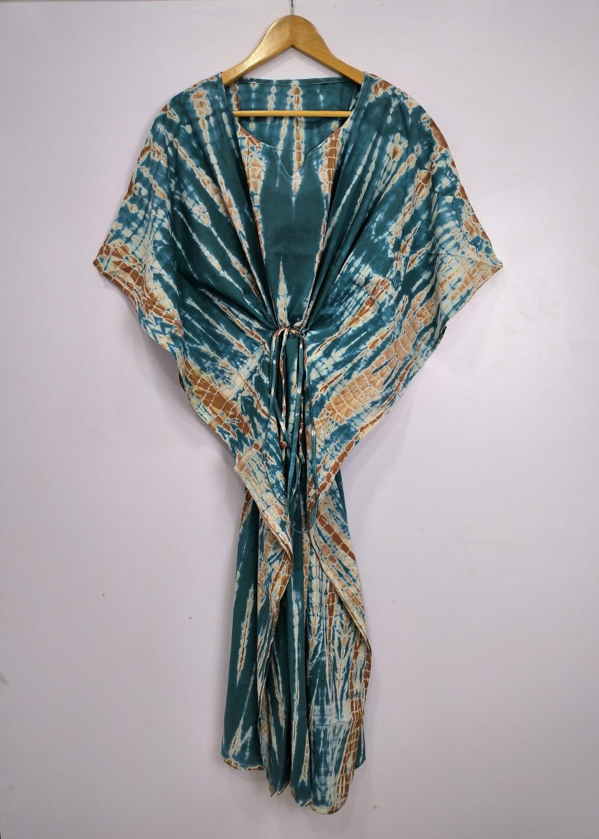 block-printed Cotton Kaftan Dress in blue tie-dye
