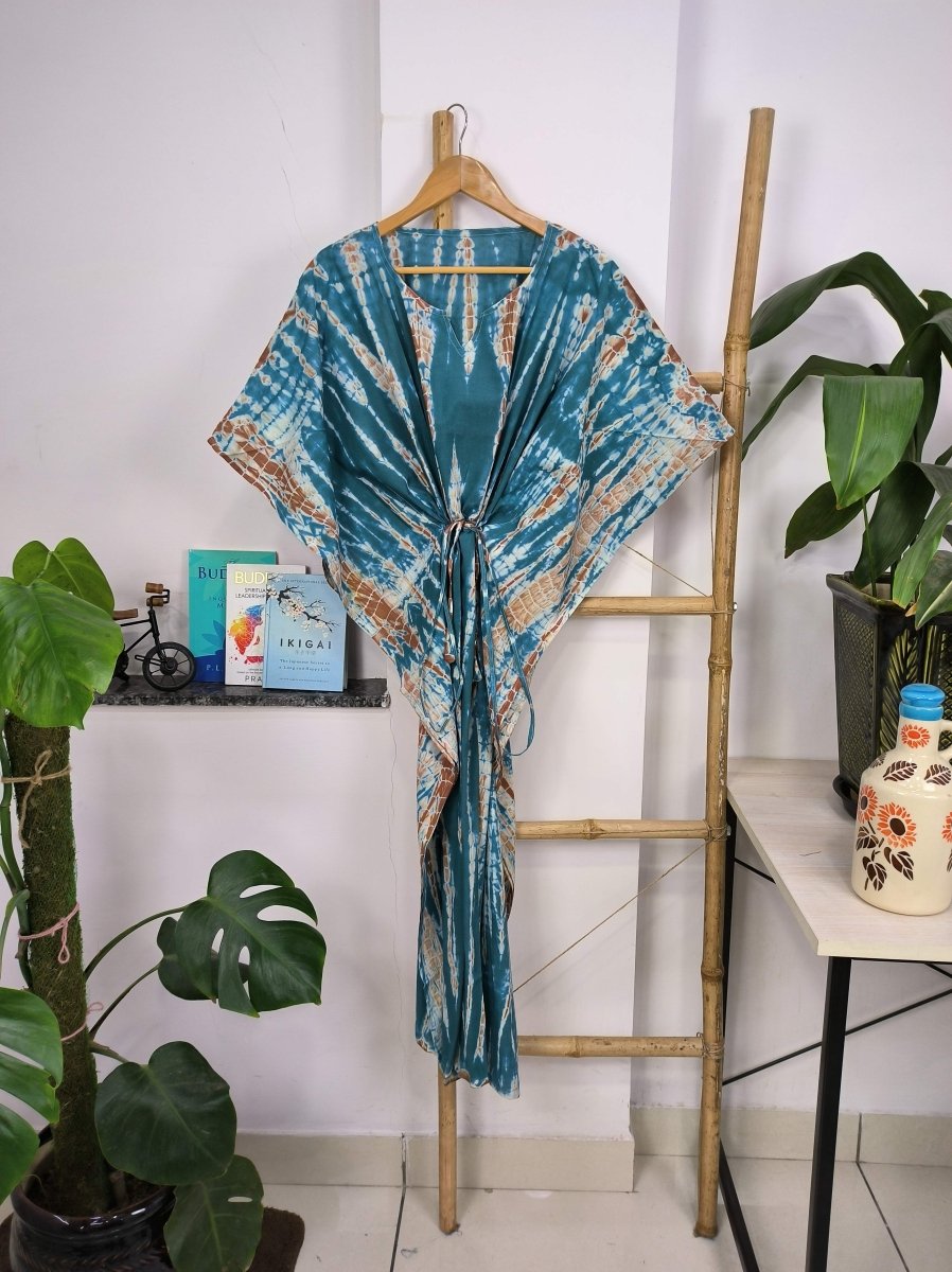block-printed Cotton Kaftan Dress in blue tie-dye
