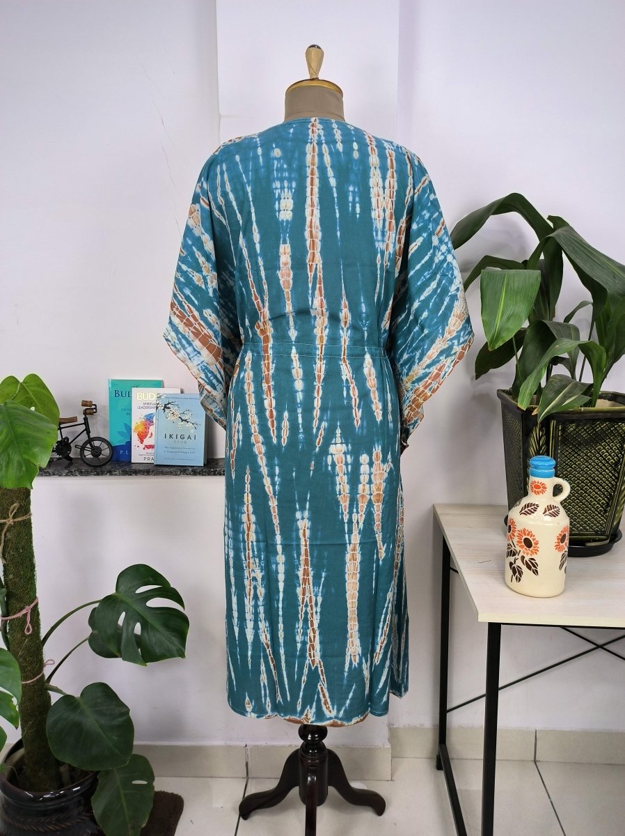 block-printed Cotton Kaftan Dress in blue tie-dye