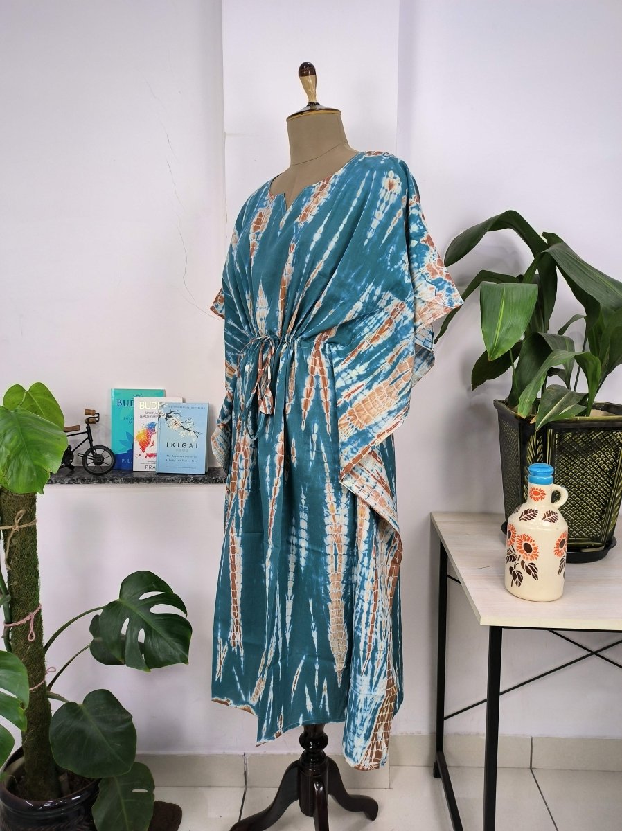 block-printed Cotton Kaftan Dress in blue tie-dye