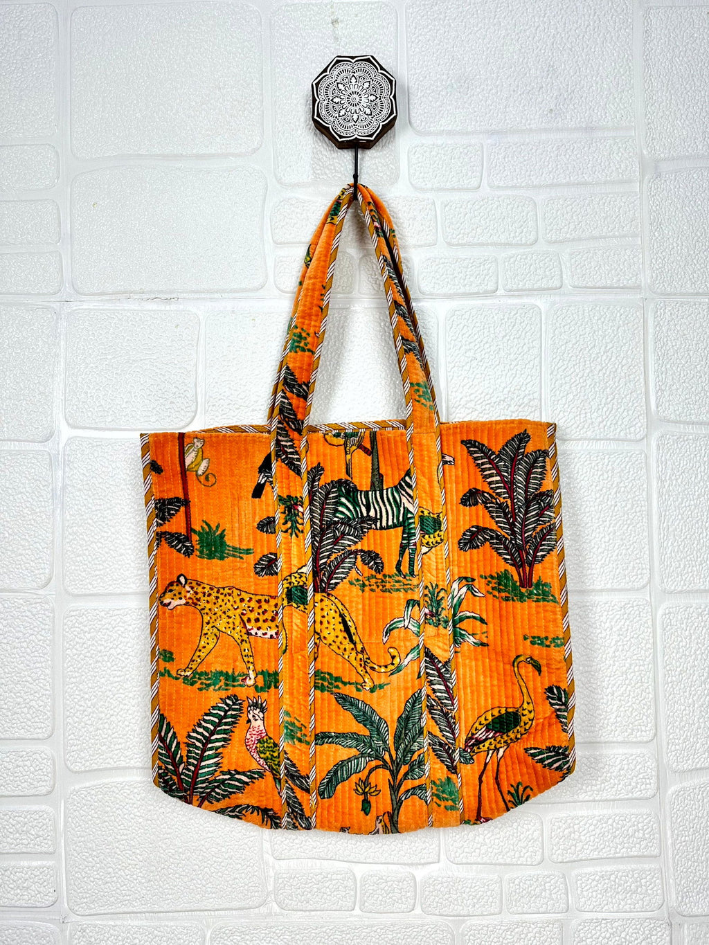 reversible Velvet & Cotton Tote Bag in ochre