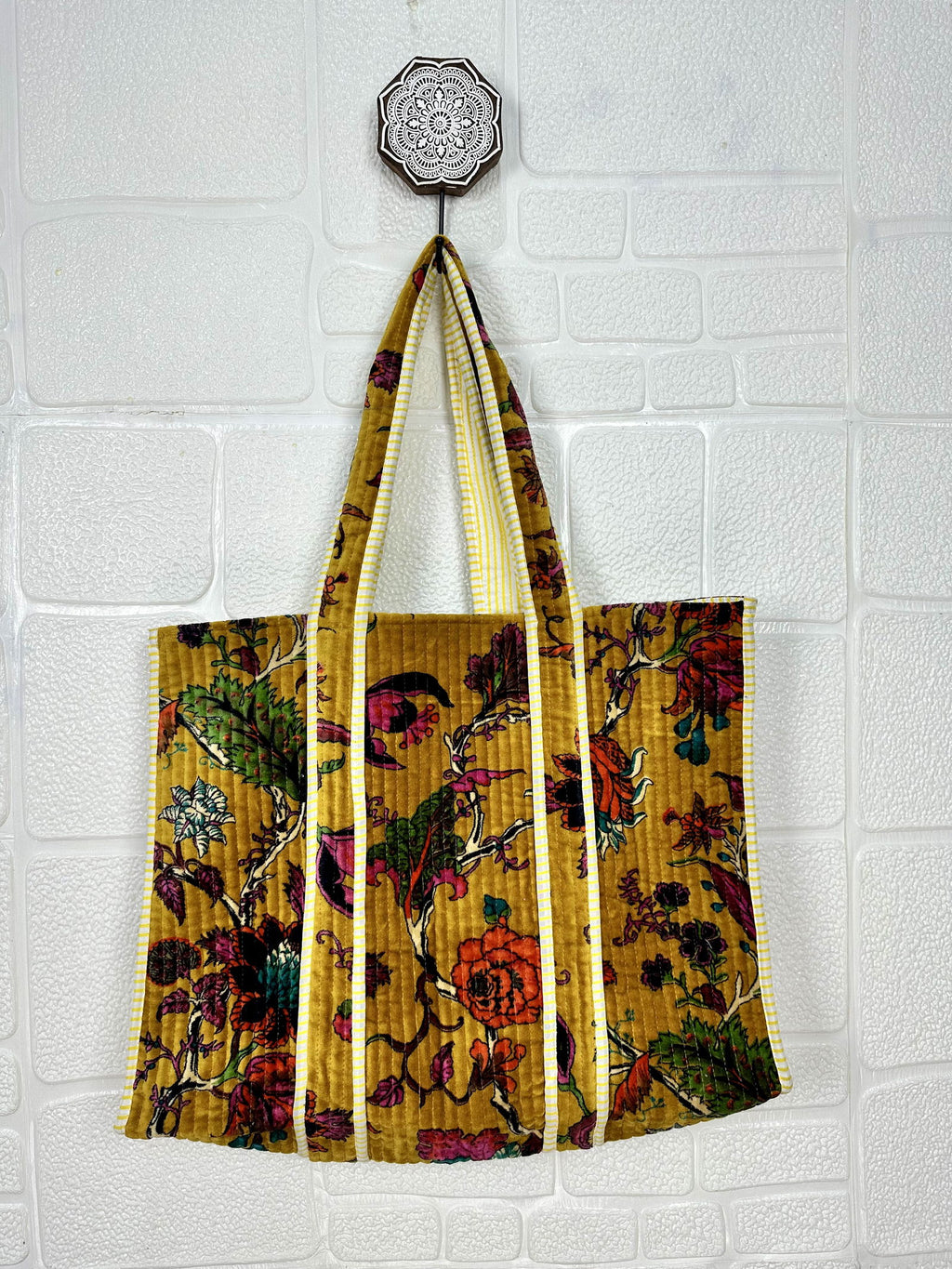 reversible Velvet & Cotton Tote Bag in ochre