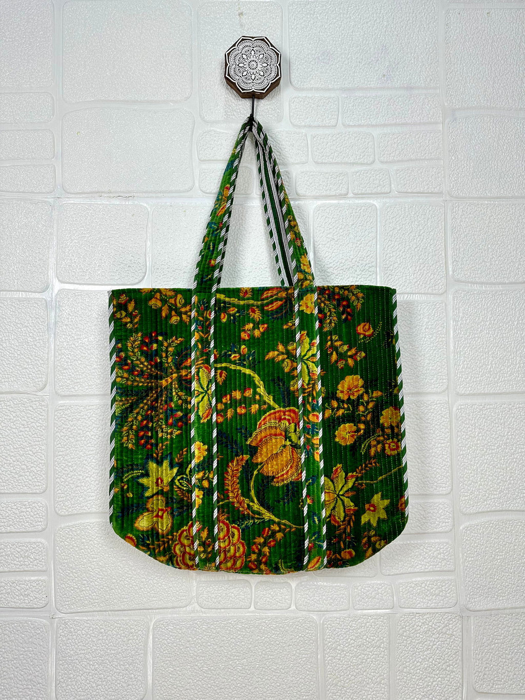 reversible Velvet & Cotton Tote Bag in ochre