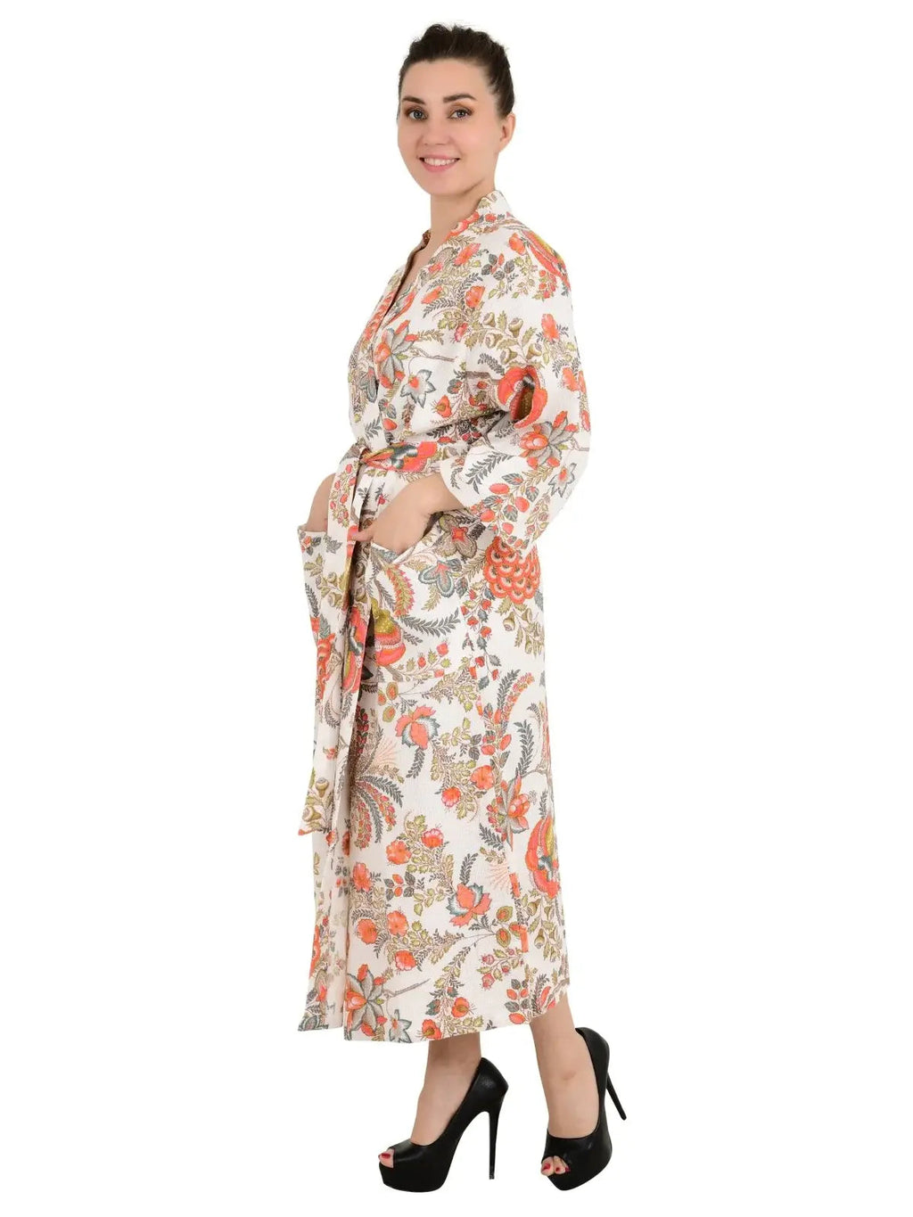 Women's block-printed Cotton Kimono Robe in floral