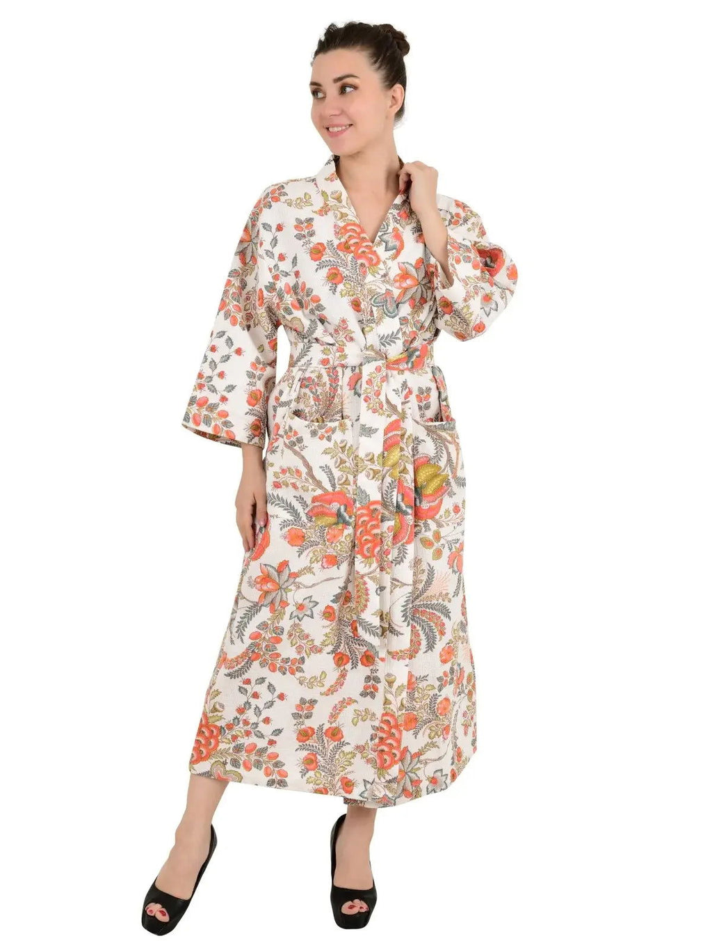 Women's block-printed Cotton Kimono Robe in floral