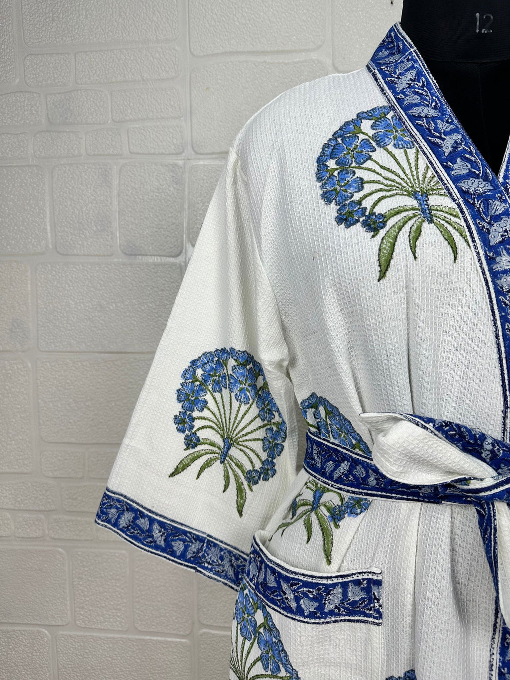 Women's block-printed Cotton Kimono Robe in floral