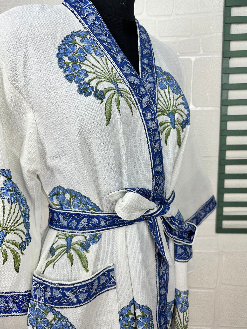 Women's block-printed Cotton Kimono Robe in floral