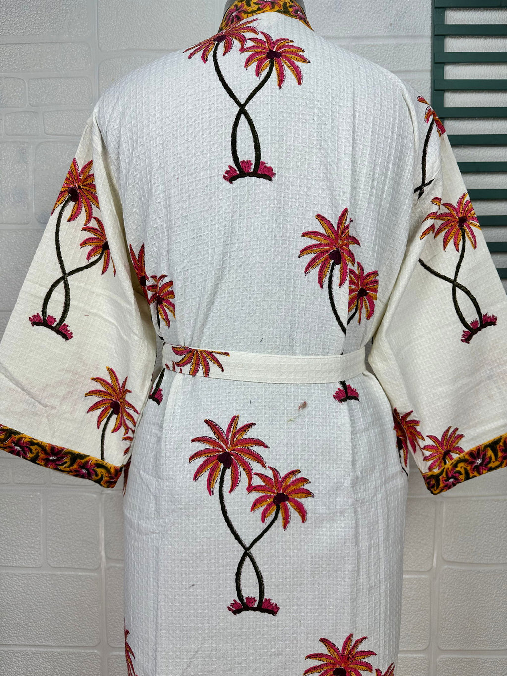Women's block-printed Cotton Kimono Robe in floral