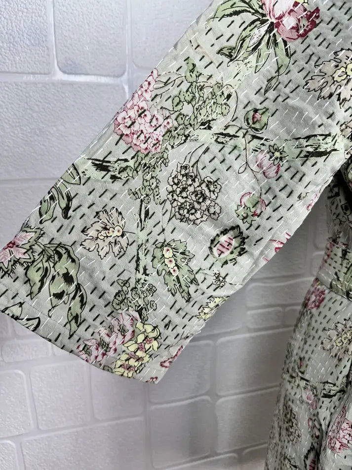 Women's reversible Kantha-stitched Cotton Short Jacket in grey pink floral