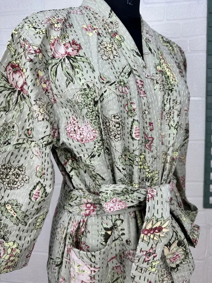 Women's reversible Kantha-stitched Cotton Short Jacket in grey pink floral