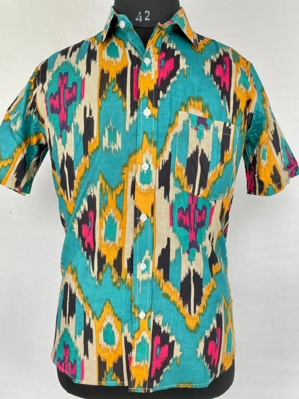 Men's block-printed Cotton Shirt in turquoise ikat