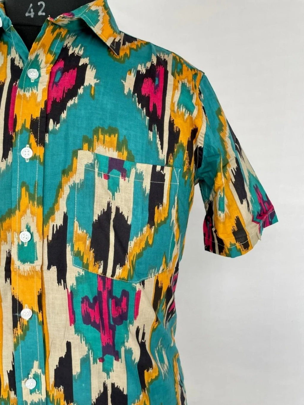 Men's block-printed Cotton Shirt in turquoise ikat
