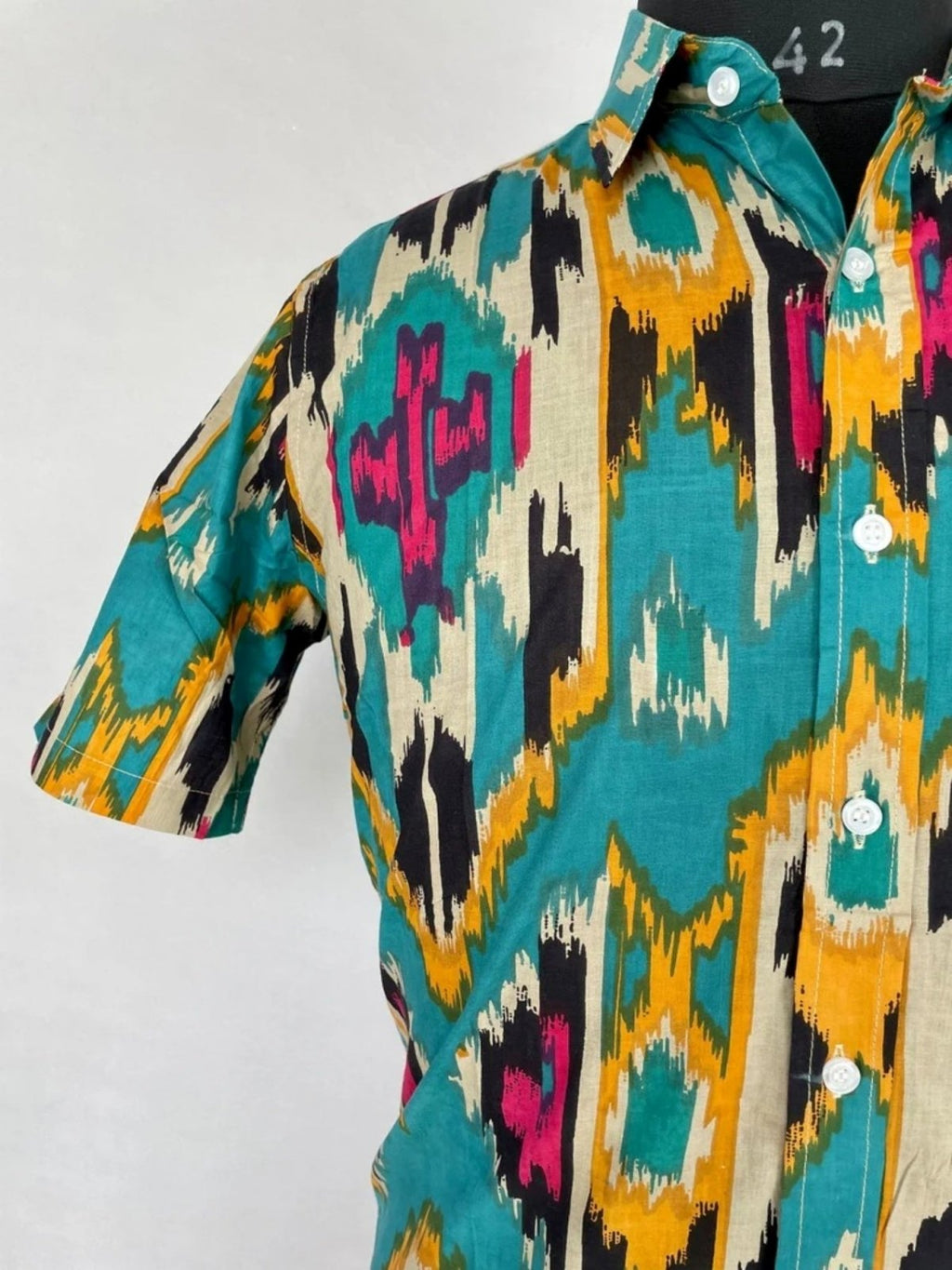 Men's block-printed Cotton Shirt in turquoise ikat