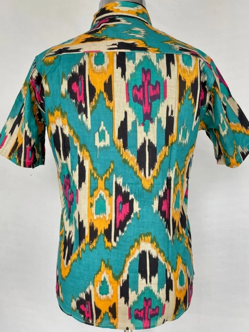 Men's block-printed Cotton Shirt in turquoise ikat