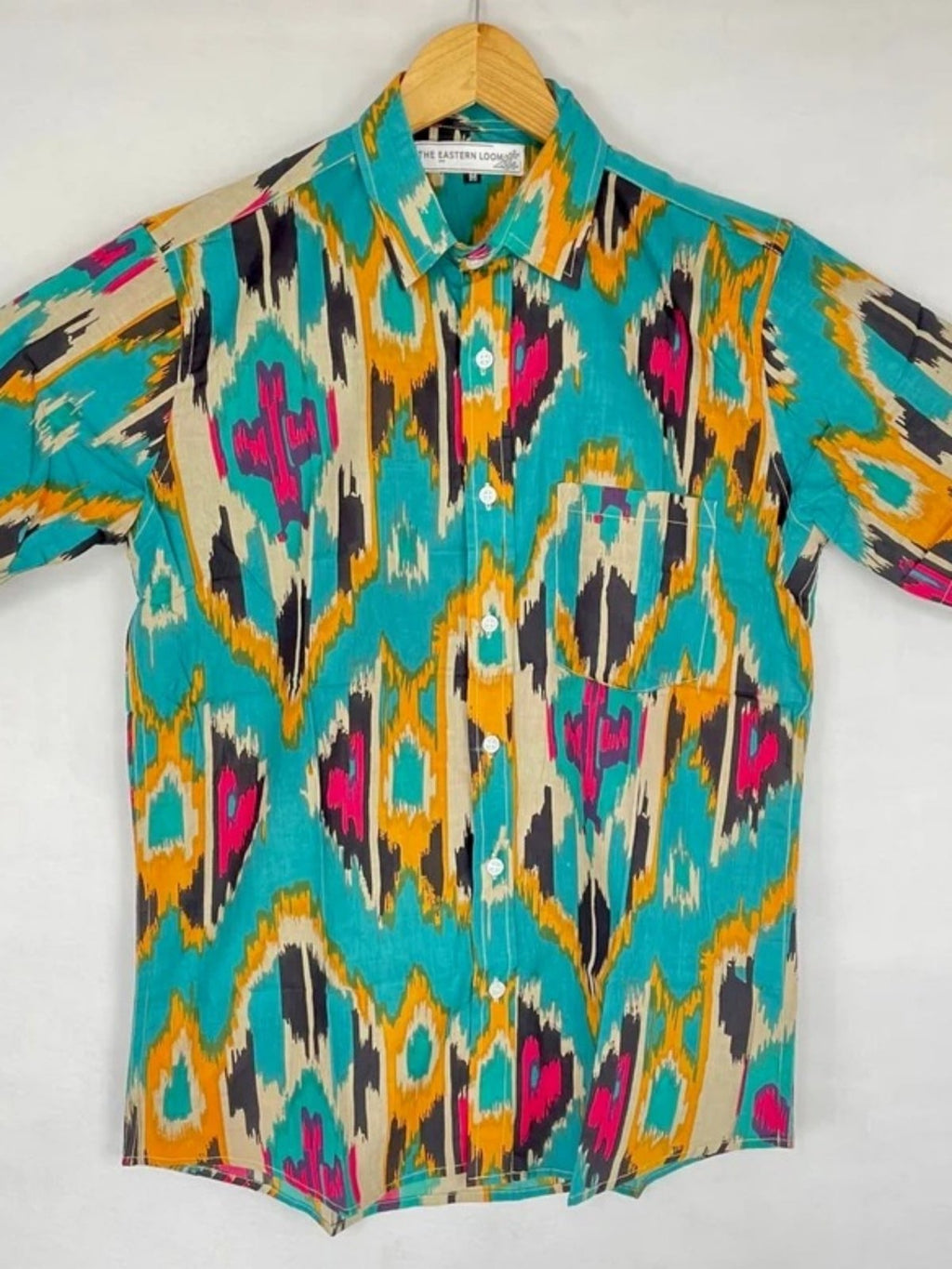 Men's block-printed Cotton Shirt in turquoise ikat