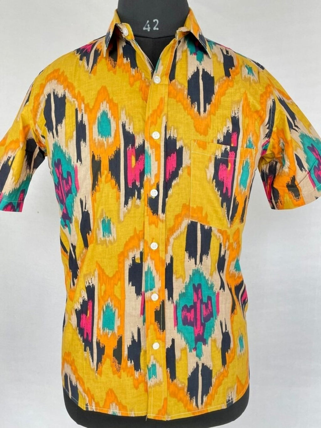 Men's block-printed Cotton Shirt in yellow mustard ikat