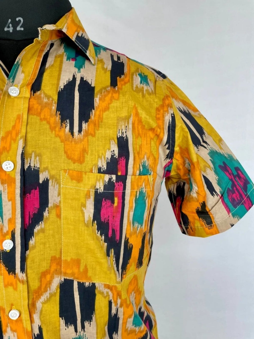 Men's block-printed Cotton Shirt in yellow mustard ikat