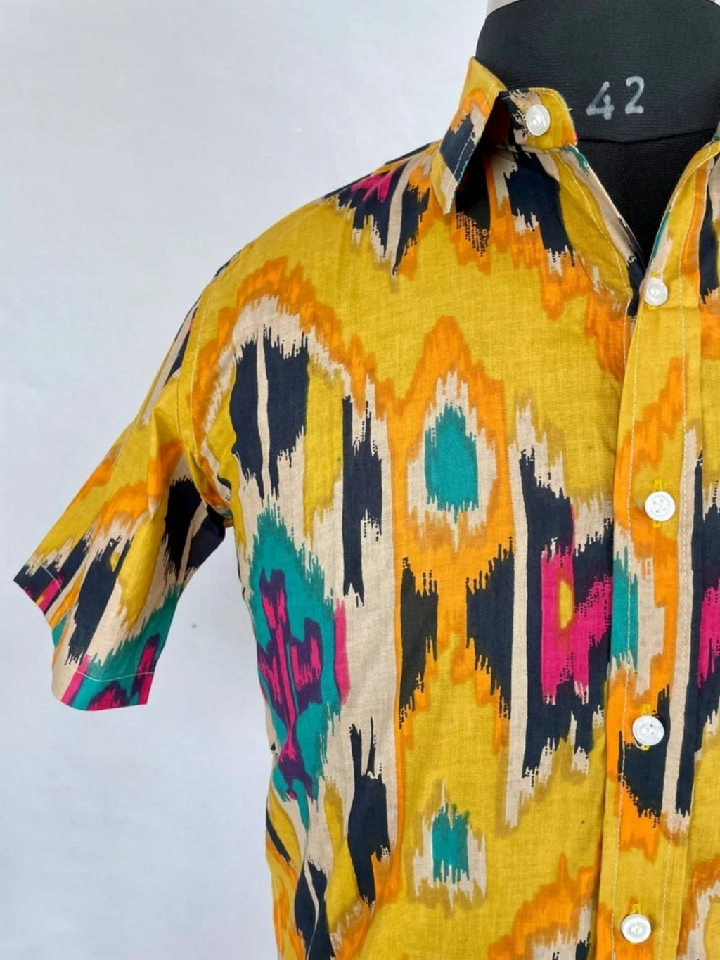 Men's block-printed Cotton Shirt in yellow mustard ikat