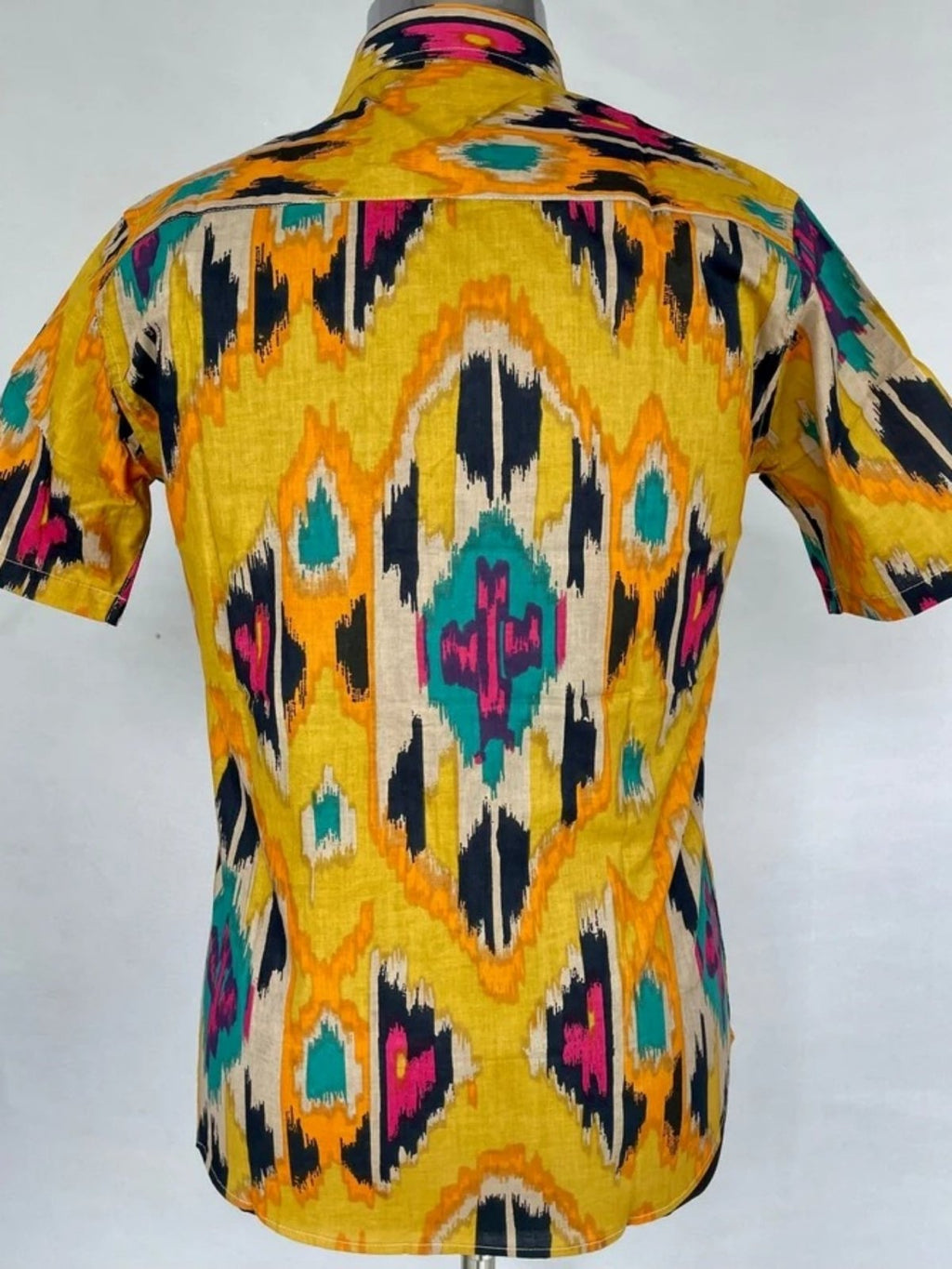 Men's block-printed Cotton Shirt in yellow mustard ikat