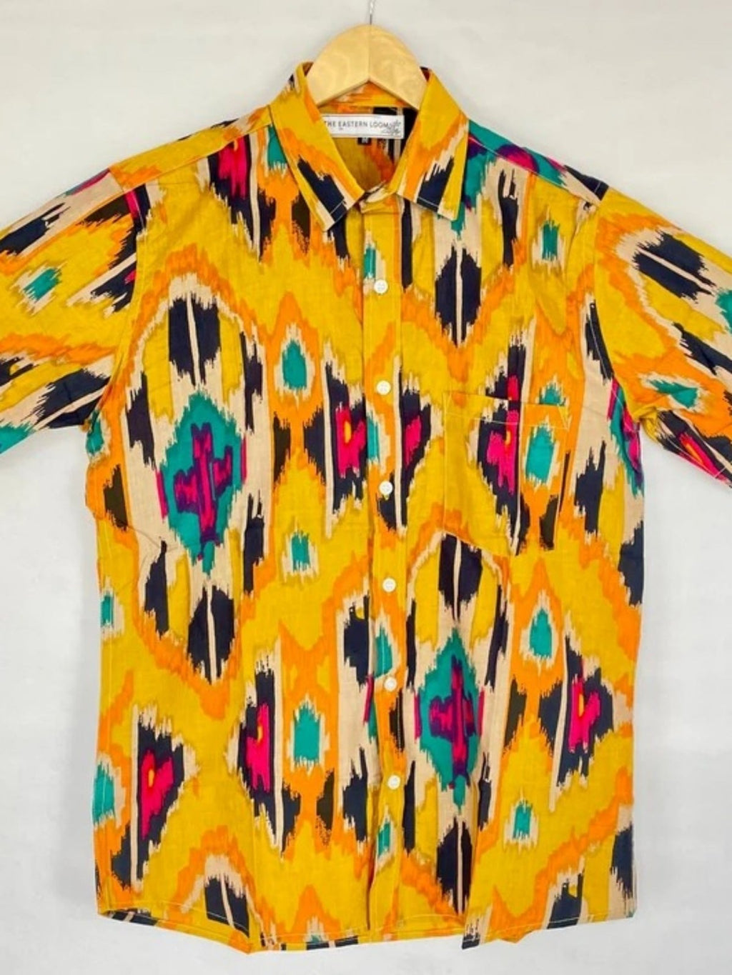 Men's block-printed Cotton Shirt in yellow mustard ikat