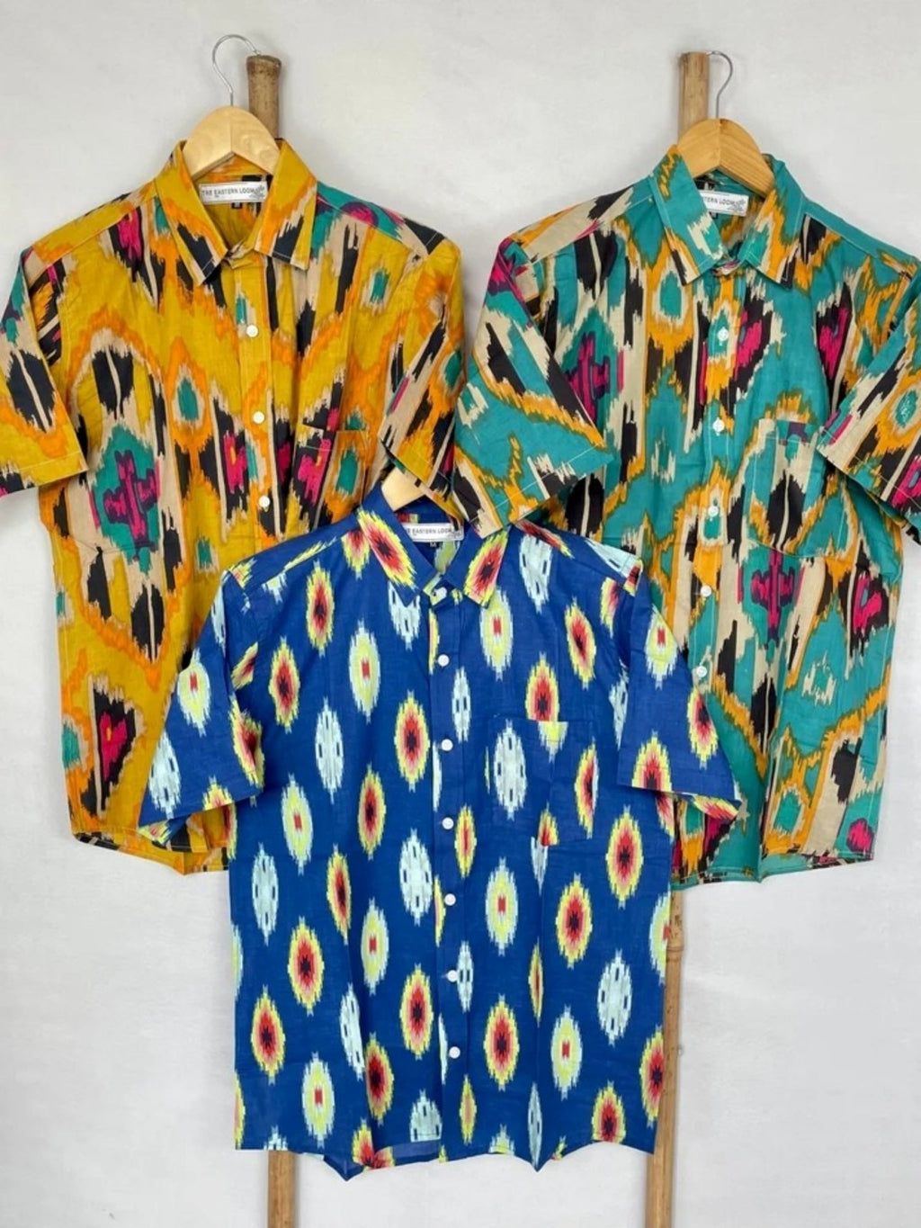 Men's block-printed Cotton Shirt in yellow mustard ikat