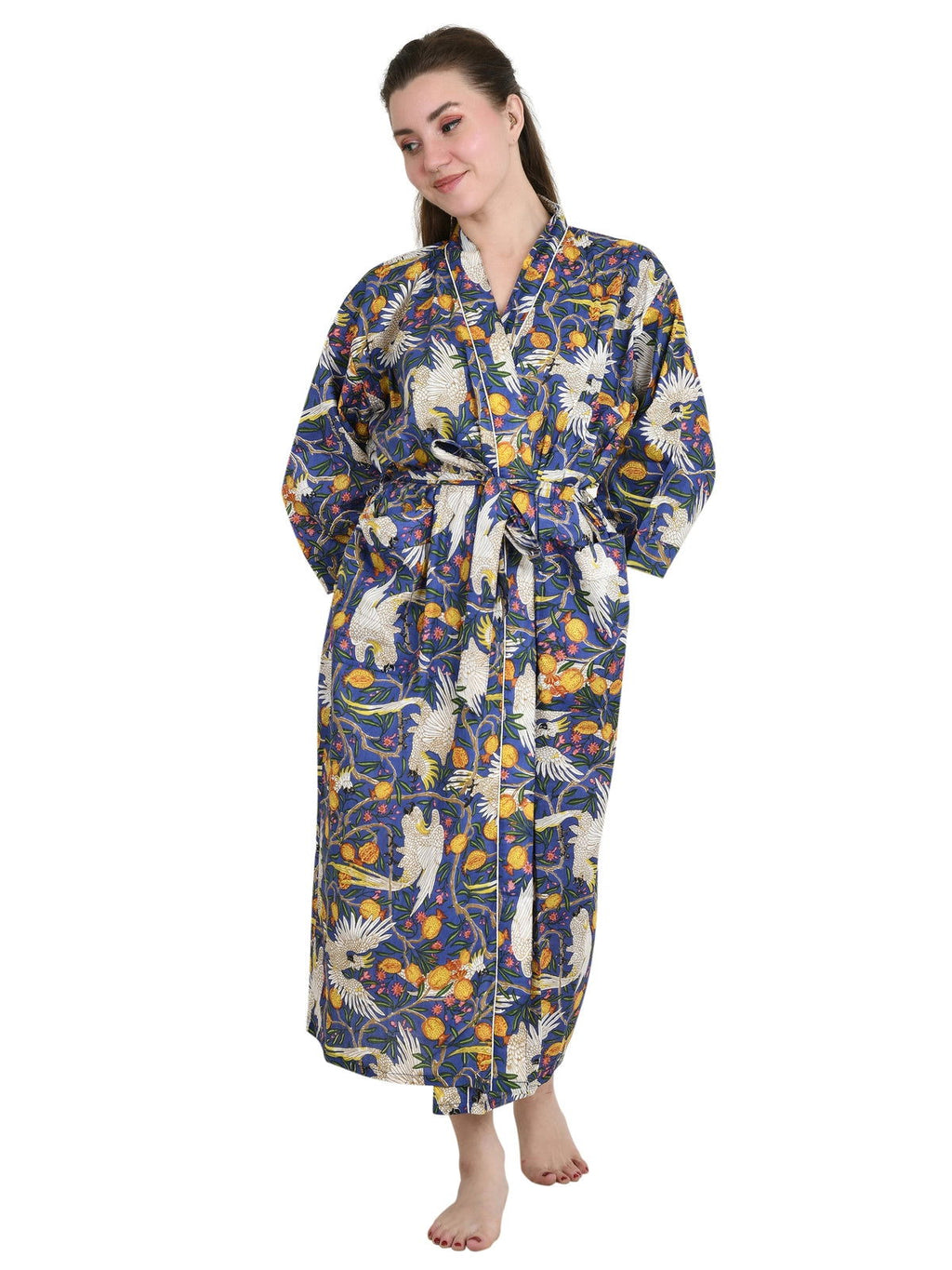 Women's block-printed Cotton Kimono Robe in floral