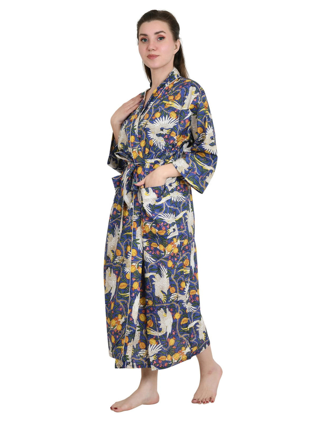Women's block-printed Cotton Kimono Robe in floral