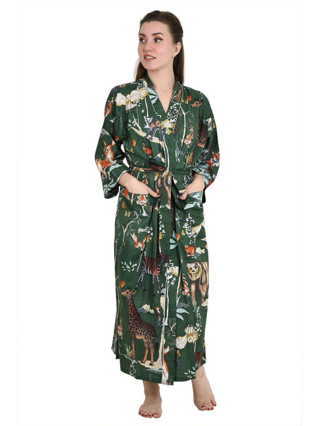 Women's block-printed Cotton Kimono Robe in floral