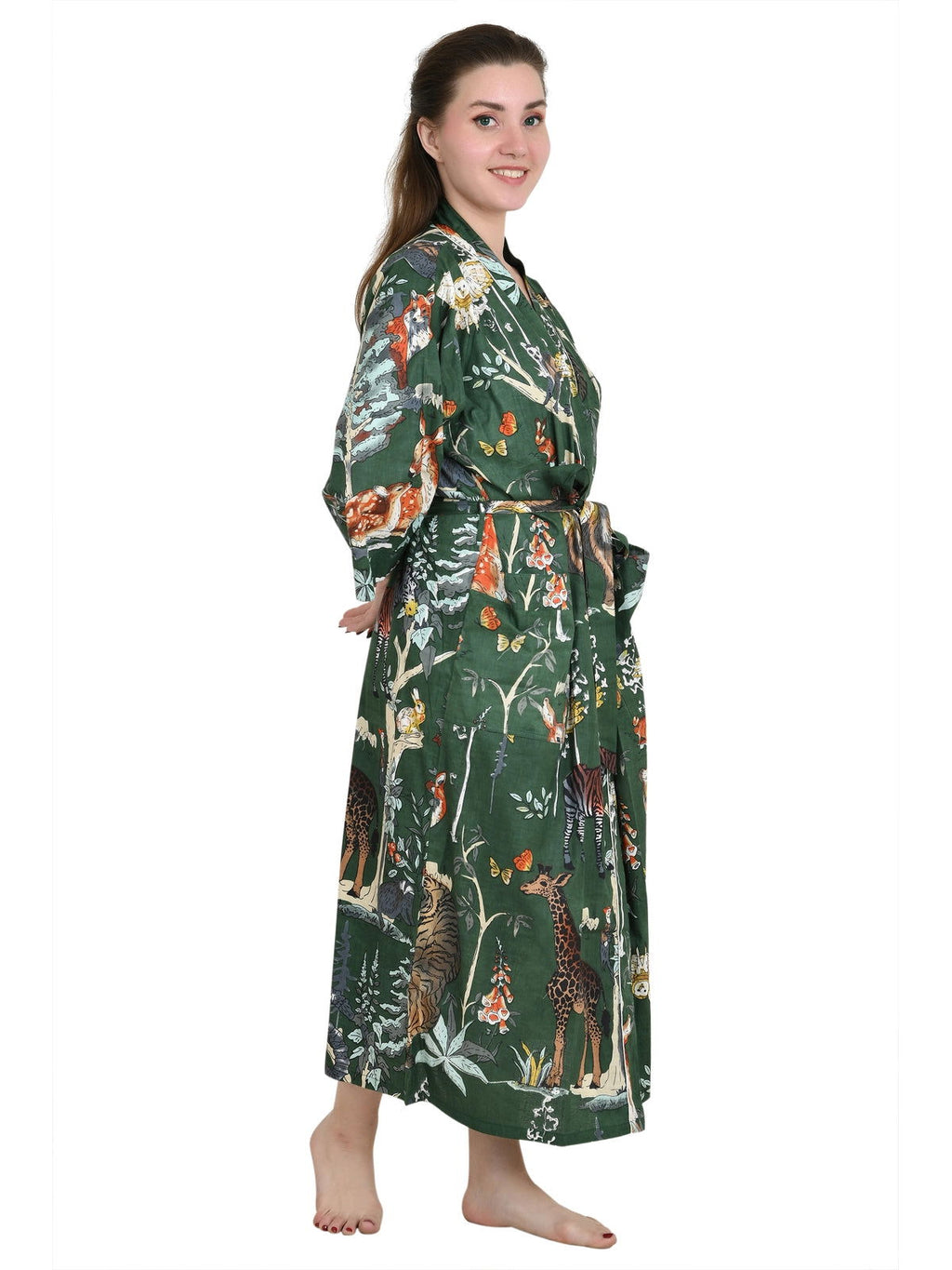 Women's block-printed Cotton Kimono Robe in floral