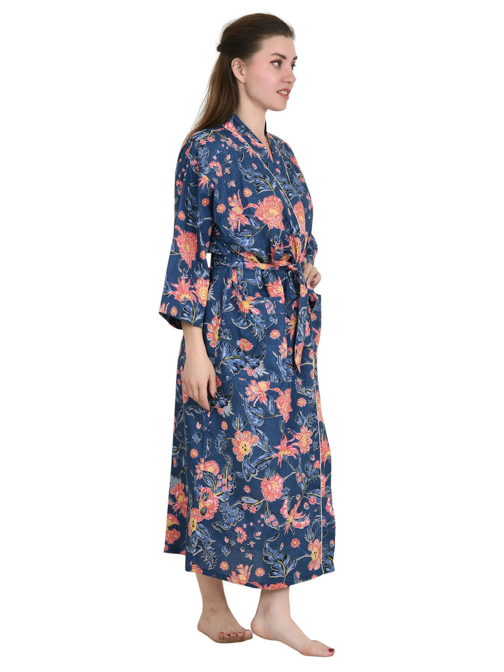 Women's block-printed Cotton Kimono Robe in floral