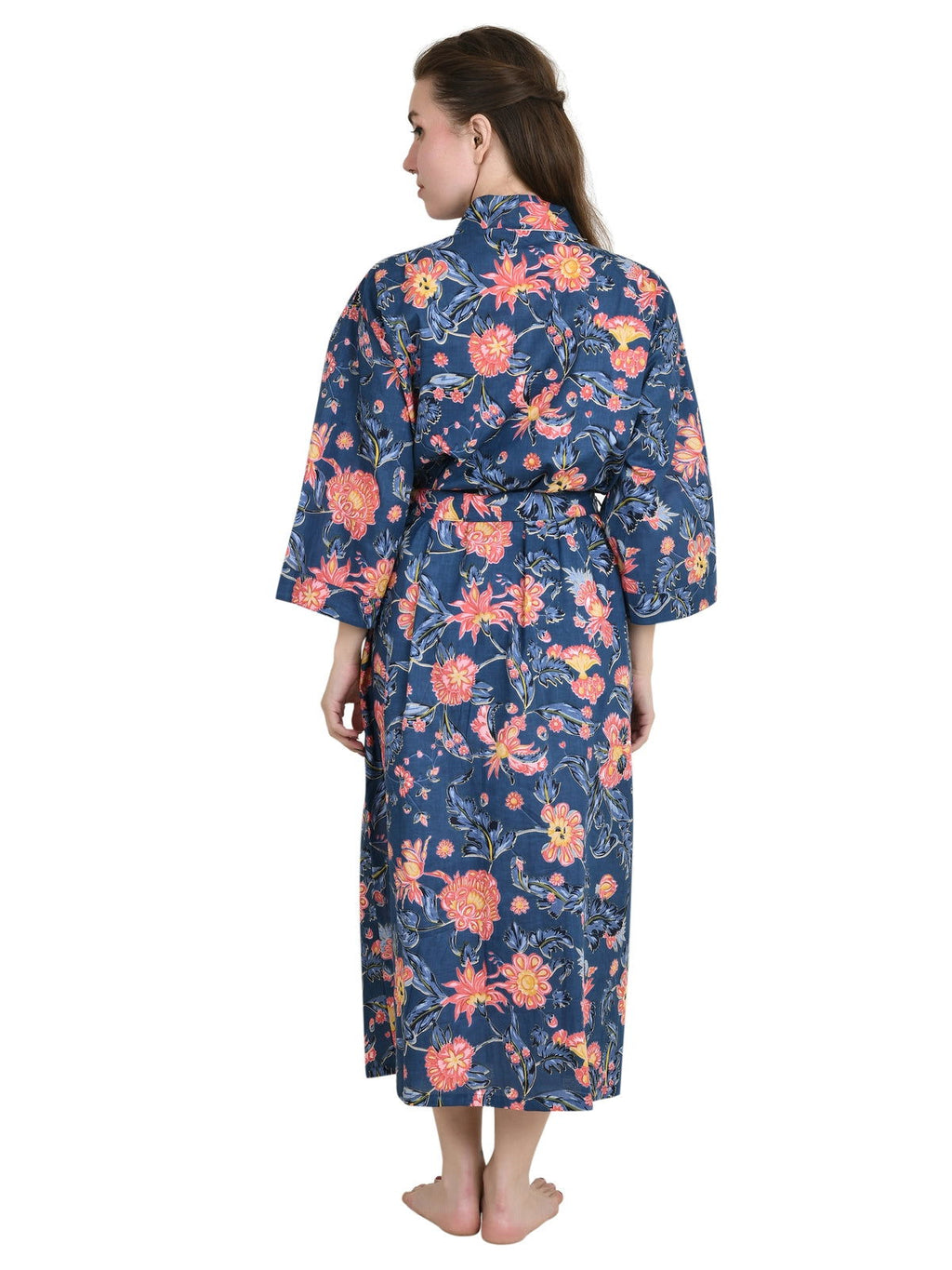 Women's block-printed Cotton Kimono Robe in floral