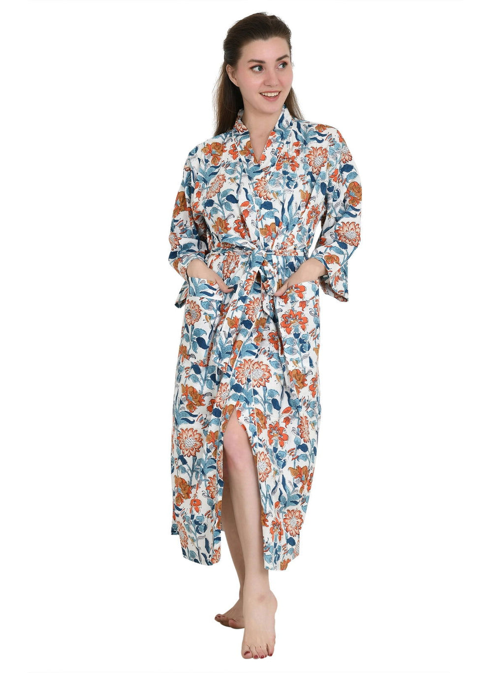 Women's block-printed Cotton Kimono Robe in floral