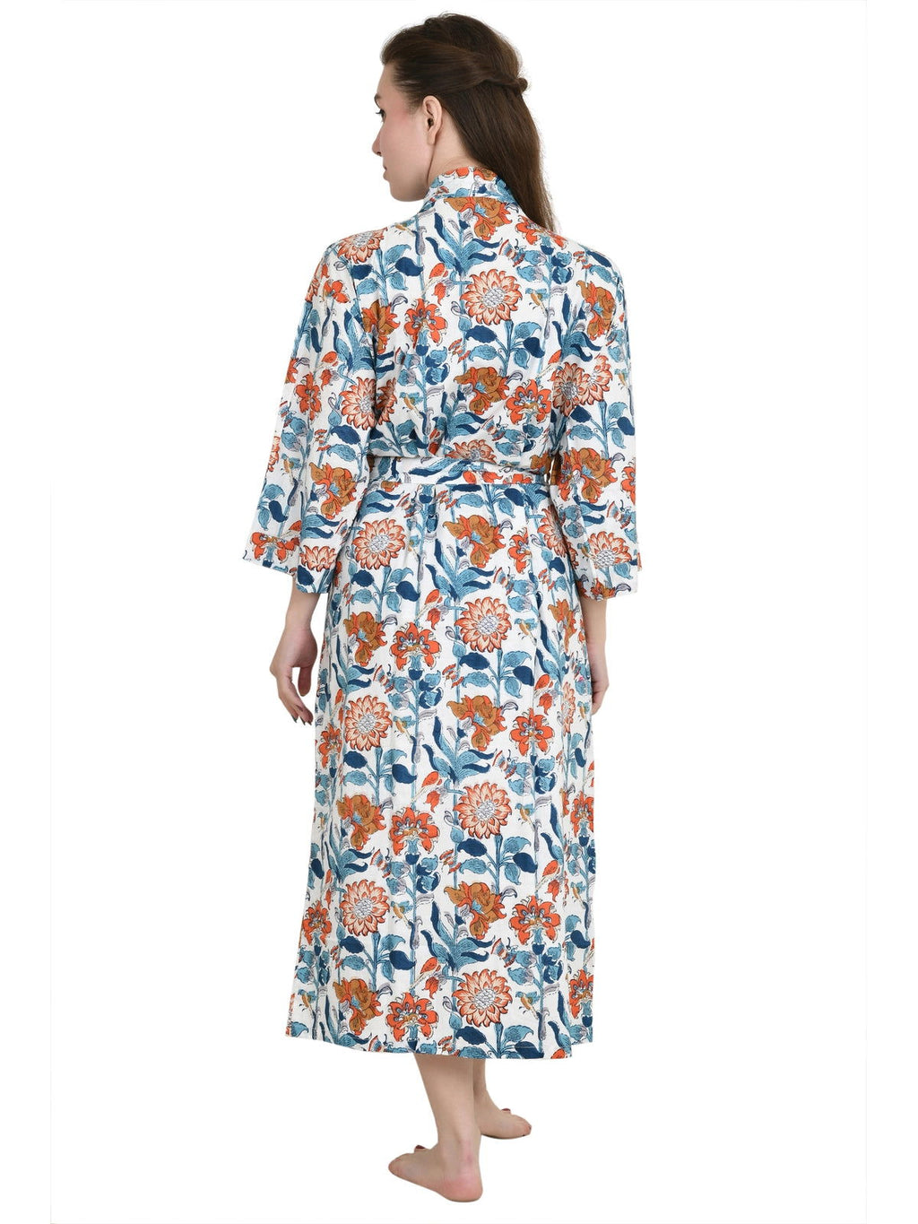 Women's block-printed Cotton Kimono Robe in floral