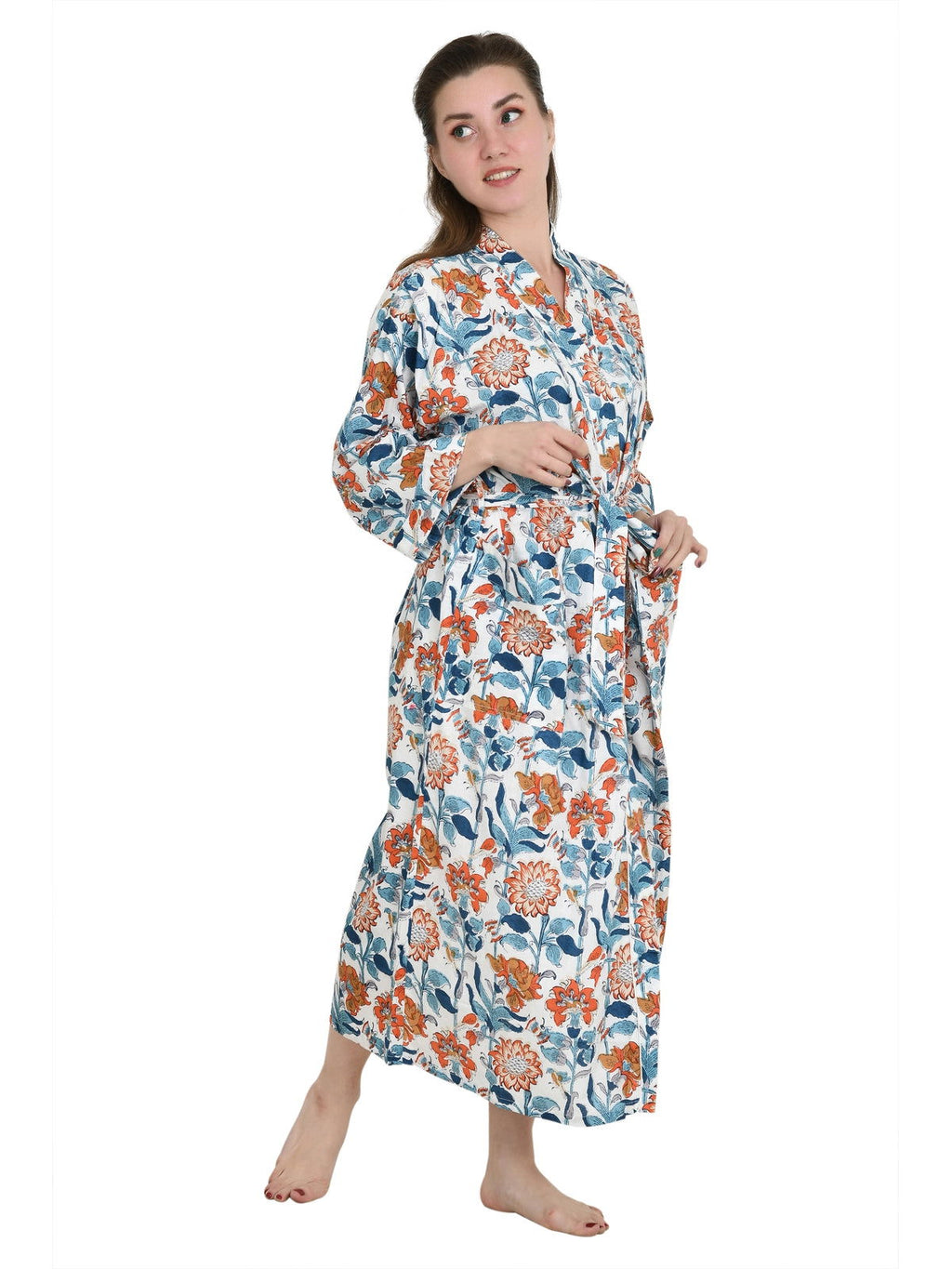 Women's block-printed Cotton Kimono Robe in floral