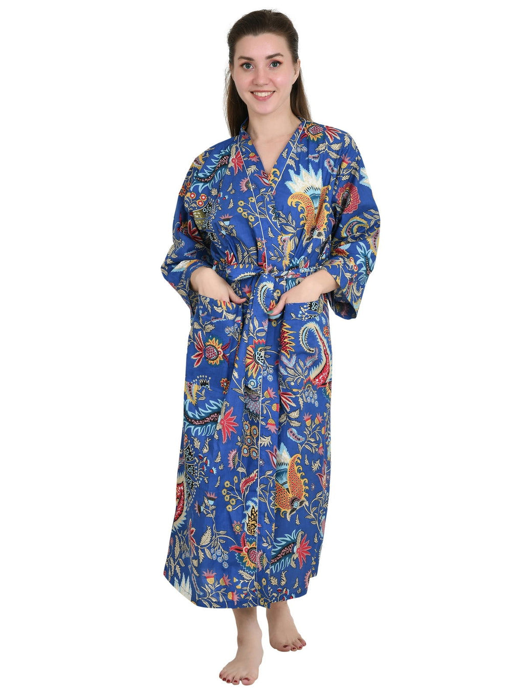 Women's block-printed Cotton Kimono Robe in floral