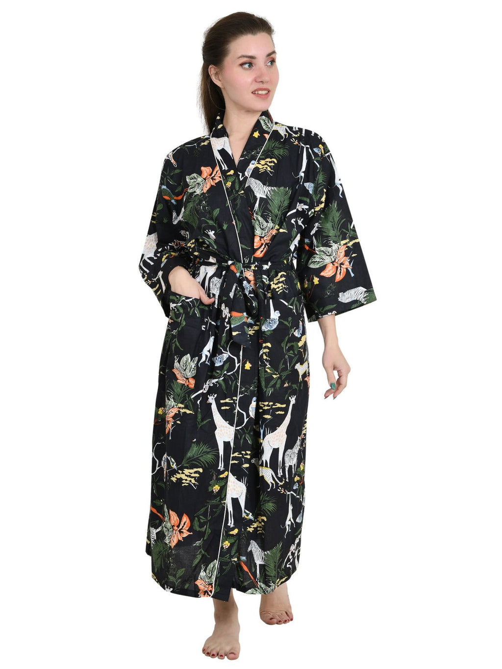 Women's block-printed Cotton Kimono Robe in floral