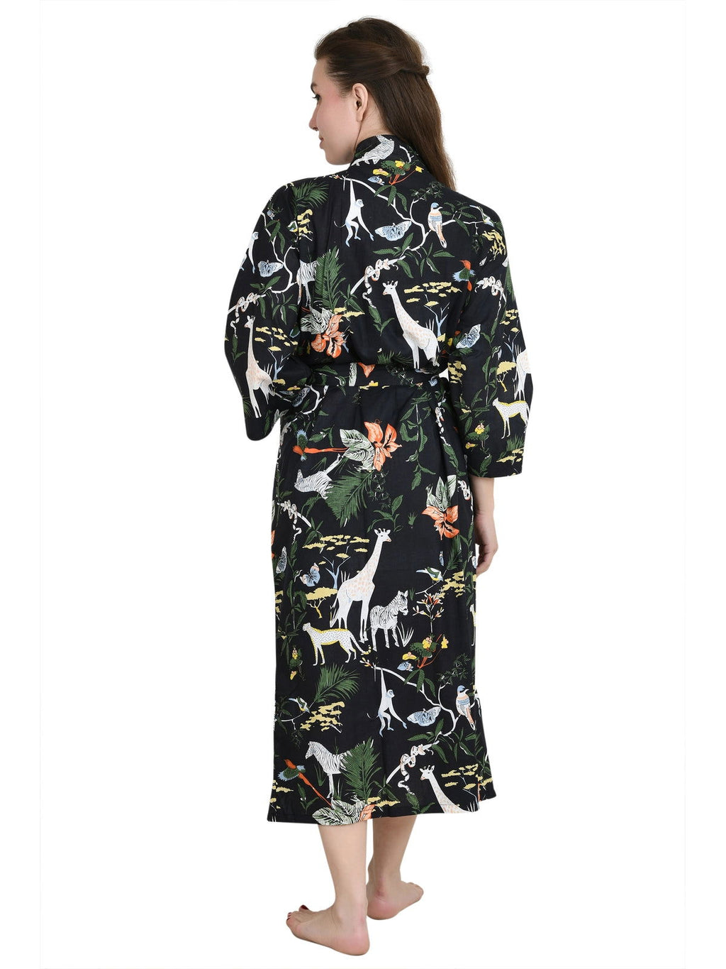 Women's block-printed Cotton Kimono Robe in floral