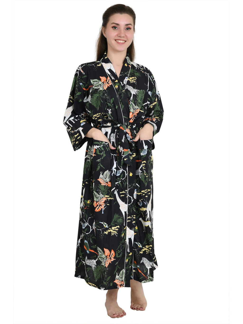 Women's block-printed Cotton Kimono Robe in floral