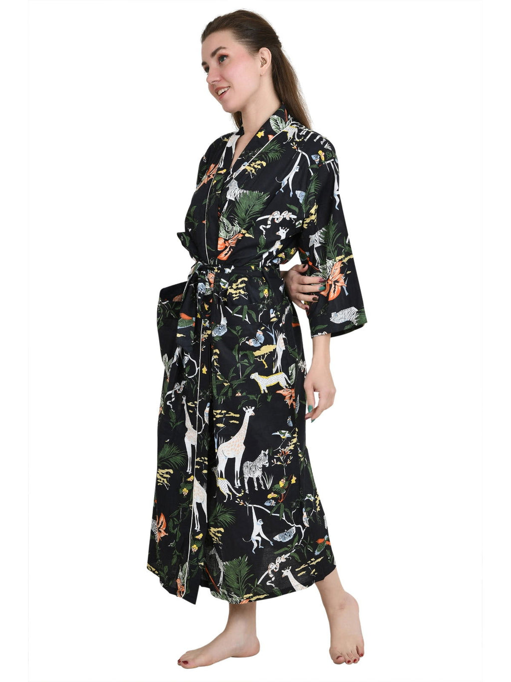 Women's block-printed Cotton Kimono Robe in floral