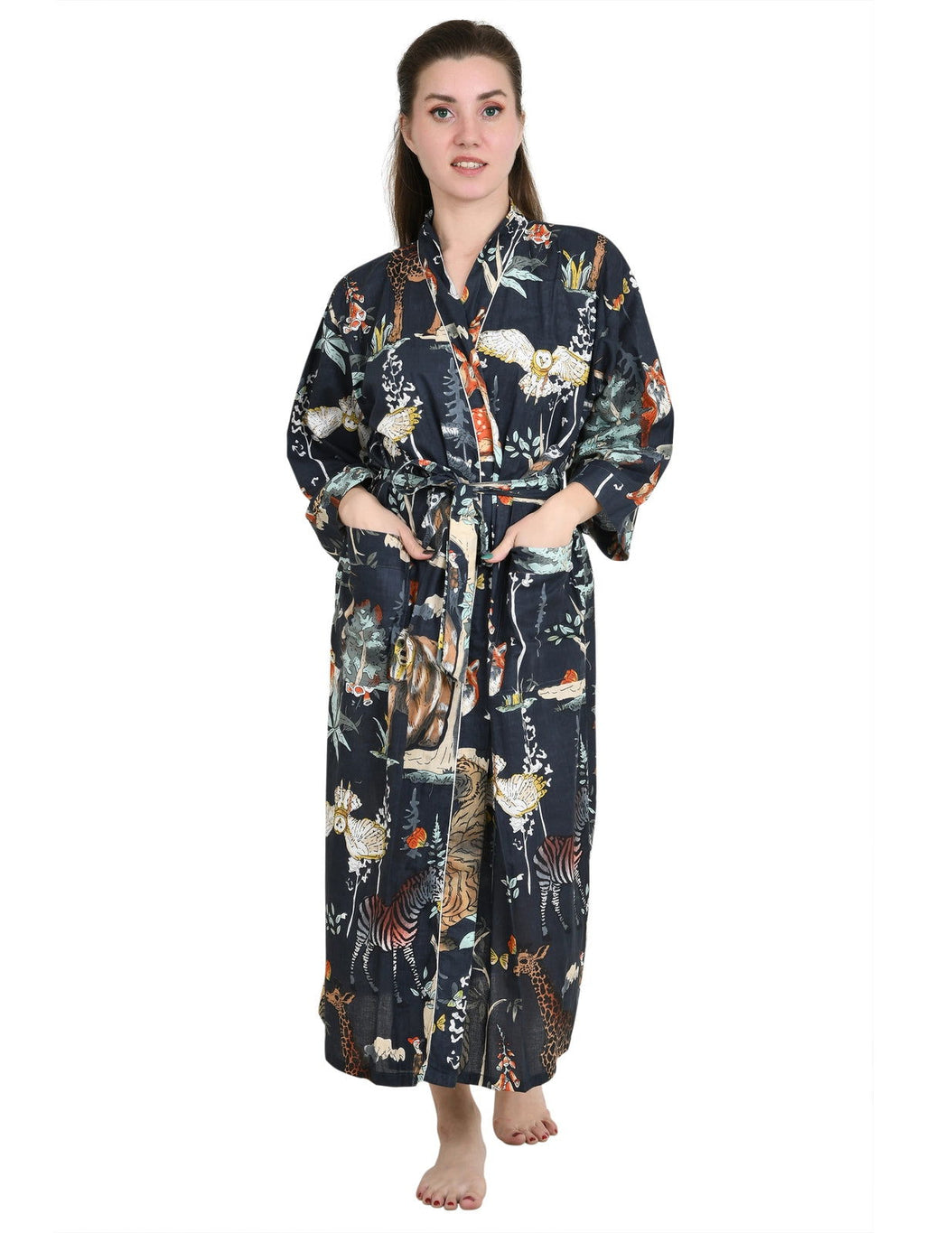 Women's block-printed Cotton Kimono Robe in floral