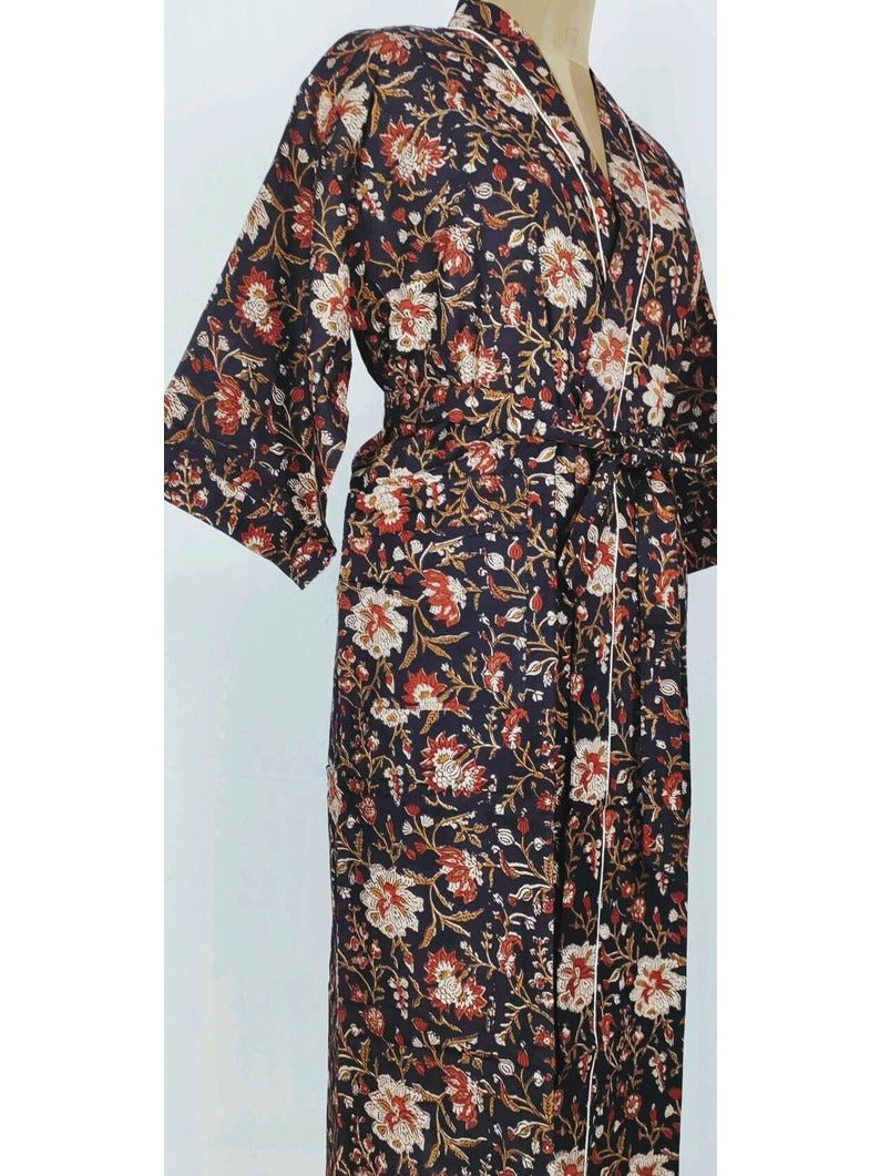 block-printed Cotton Kimono Robe in black beige floral