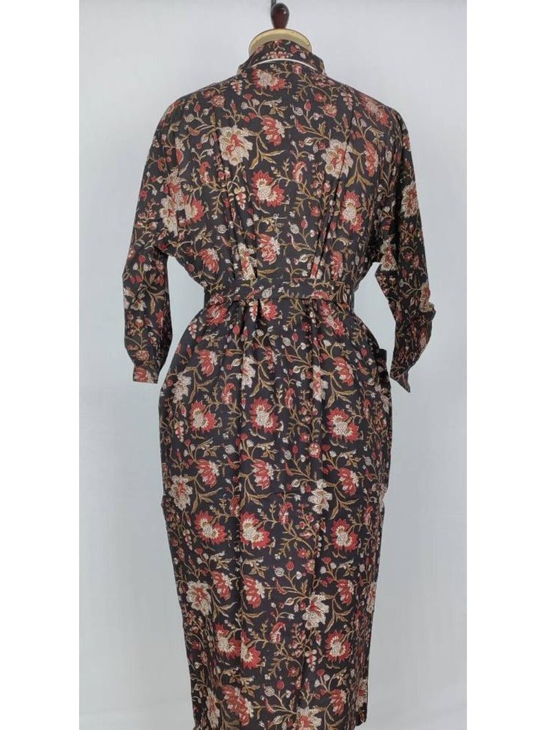 block-printed Cotton Kimono Robe in black beige floral