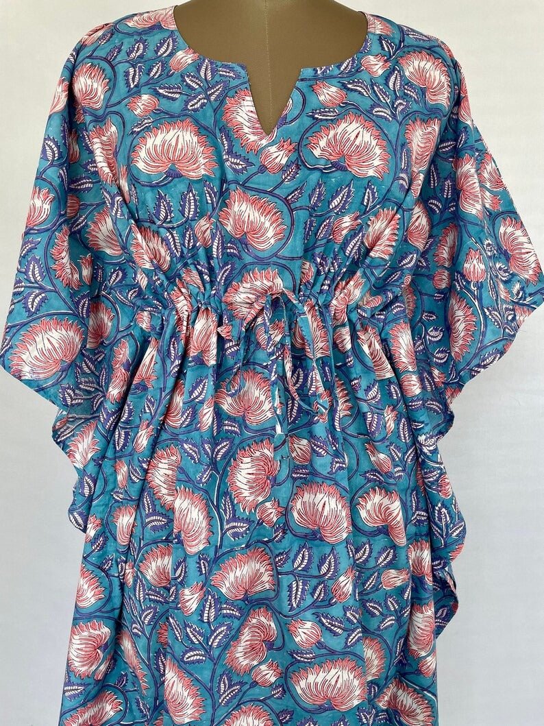 block-printed Cotton Kaftan Dress in blue pink lotus