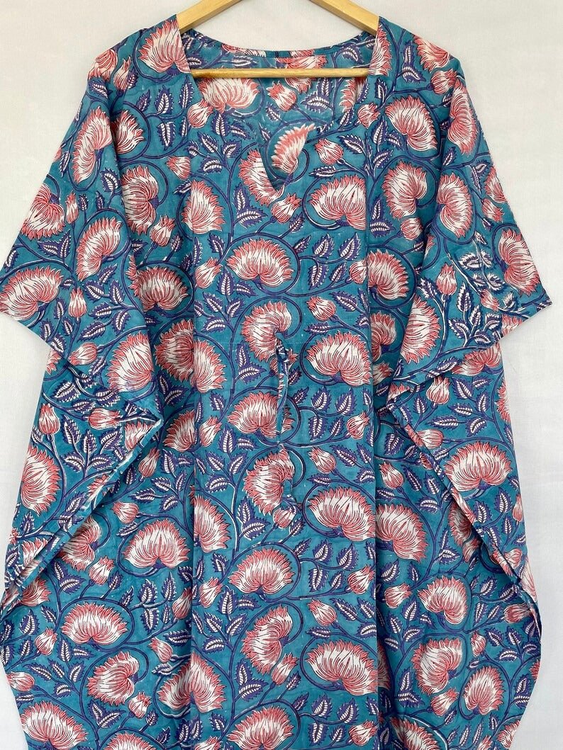block-printed Cotton Kaftan Dress in blue pink lotus