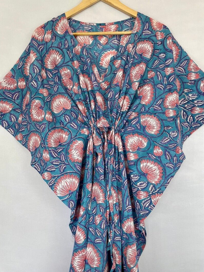block-printed Cotton Kaftan Dress in blue pink lotus