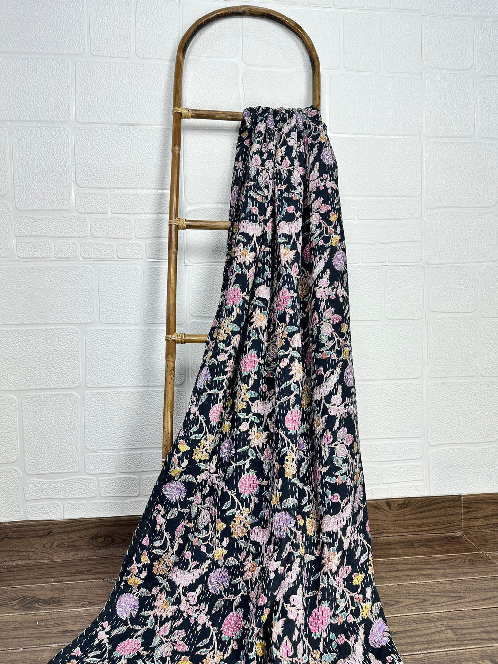 reversible Kantha-stitched block-printed Cotton Throw in black floral
