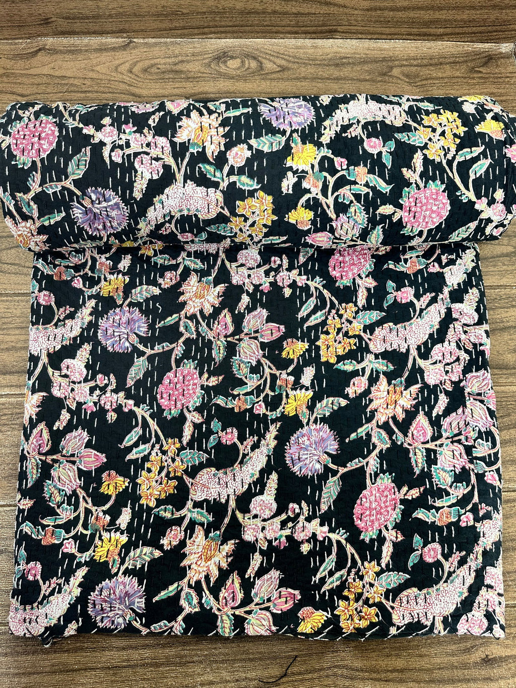 reversible Kantha-stitched block-printed Cotton Throw in black floral